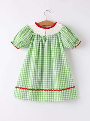 Back To School Girls Green Plaid Smocking Dress