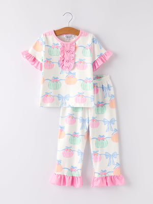 Fall Halloween & Thanksgiving Short Sleeve Ruffled Milk Silk Girls Pajamas