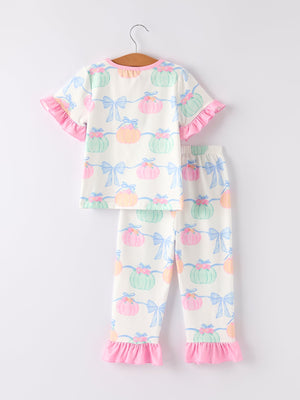 Fall Halloween & Thanksgiving Short Sleeve Ruffled Milk Silk Girls Pajamas