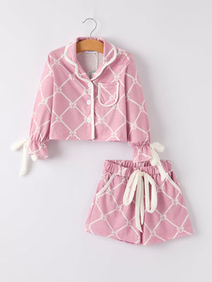 Mommy & me Autumn Check Bow Girls Lapel Pajamas