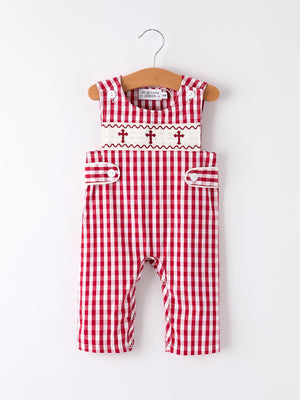 Red Plaid Smocked Church Christ Bishop Christening Baby Boys' Romper