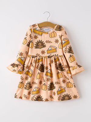 Thanksgiving Day Turkey Pie Print Ruffle Sleeve Fun Dress