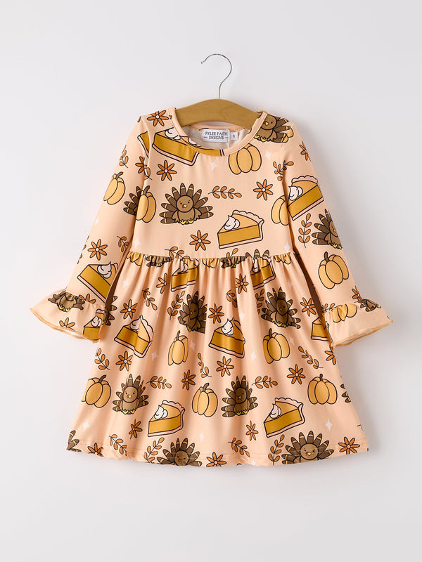 Thanksgiving Day Turkey Pie Print Ruffle Sleeve Fun Dress