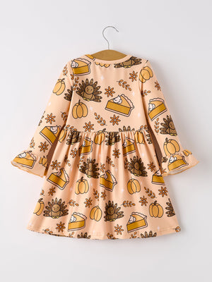Thanksgiving Day Turkey Pie Print Ruffle Sleeve Fun Dress