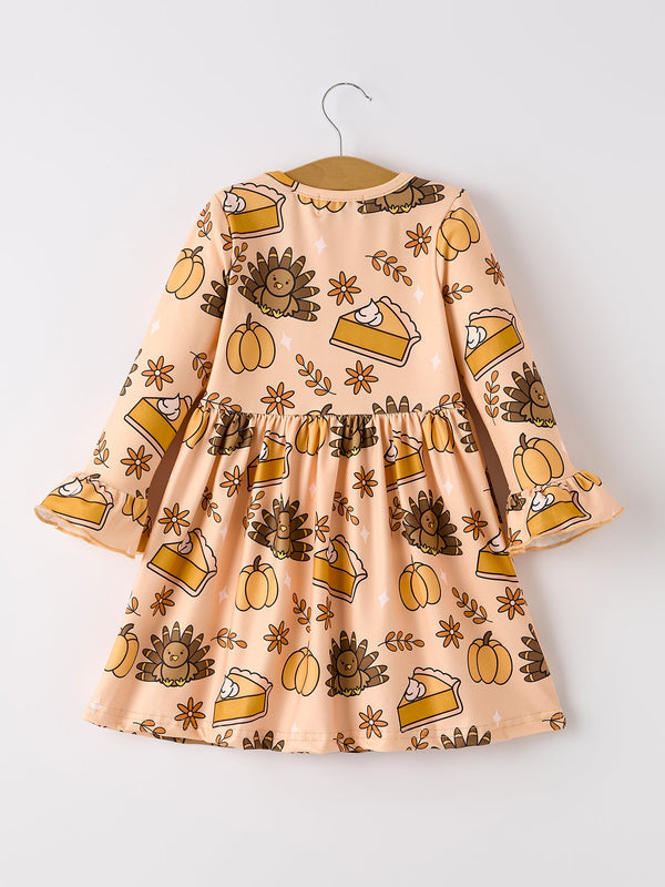 Thanksgiving Day Turkey Pie Print Ruffle Sleeve Fun Dress