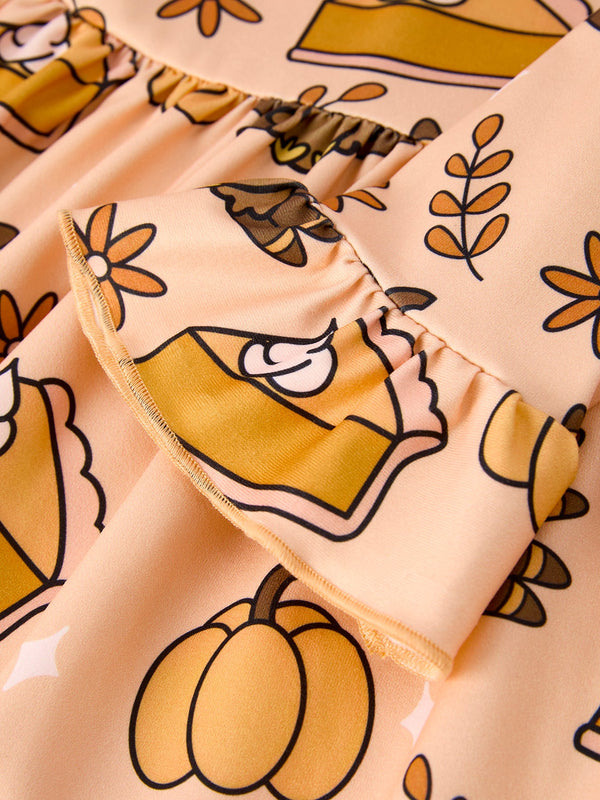 Thanksgiving Day Turkey Pie Print Ruffle Sleeve Fun Dress