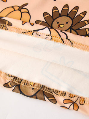 Thanksgiving Day Turkey Pie Print Ruffle Sleeve Fun Dress