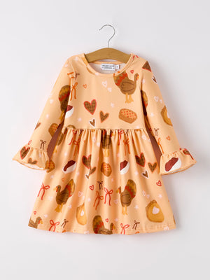 Thanksgiving Day Turkey Pie Print Ruffle Sleeve Dress