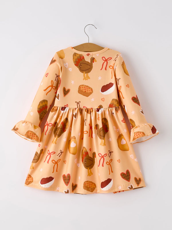Thanksgiving Day Turkey Pie Print Ruffle Sleeve Dress