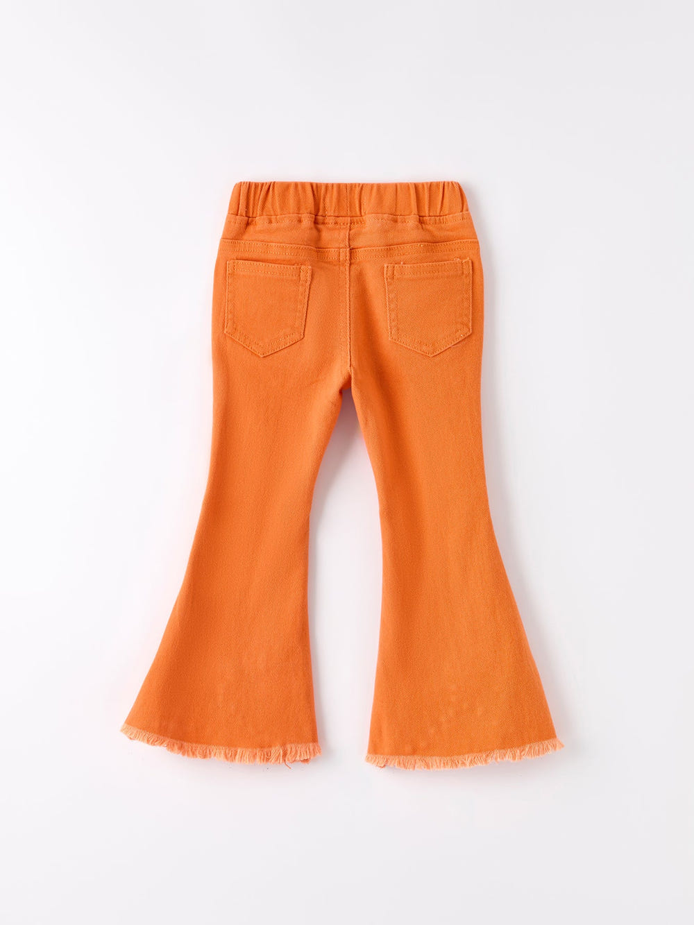 Orange flared elastic jeans for babies, stylish and comfortable for everyday wear.