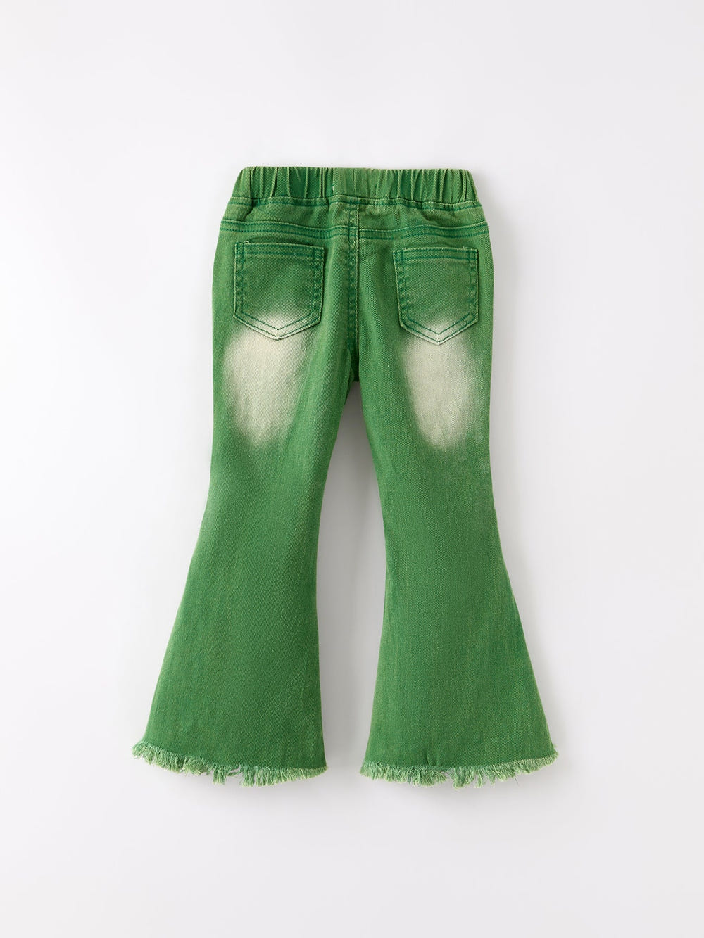 Green flared elastic jeans for babies, stylish and comfortable for everyday wear.