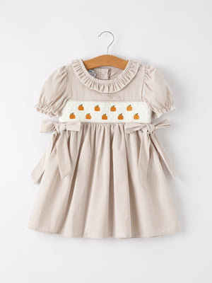 Fall Thanksgiving Pumpkin Embroidery Smock Plaid Girls Dress