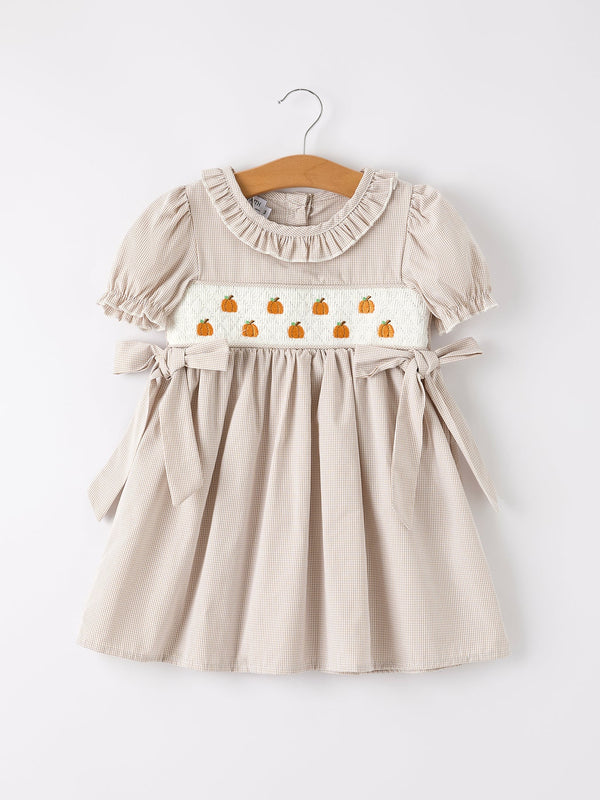 Fall Thanksgiving Pumpkin Embroidery Smock Plaid Girls Dress