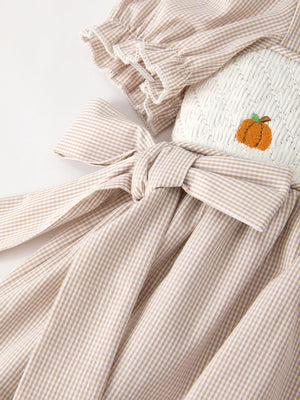 Fall Thanksgiving Pumpkin Embroidery Smock Plaid Girls Dress