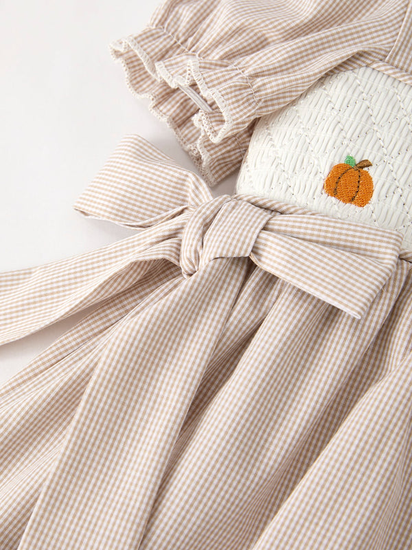 Fall Thanksgiving Pumpkin Embroidery Smock Plaid Girls Dress