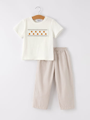 Halloween & Thanksgiving Pumpkin Smock Embroidered Plaid Boys 'Set