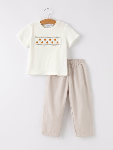 Halloween & Thanksgiving Pumpkin Smock Embroidered Plaid Boys 'Set