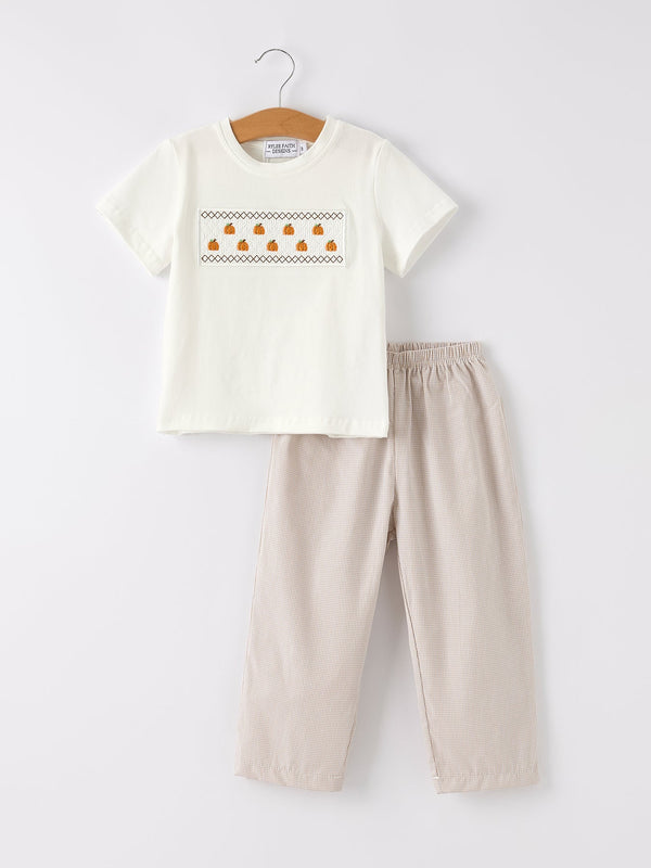 Halloween & Thanksgiving Pumpkin Smock Embroidered Plaid Boys 'Set