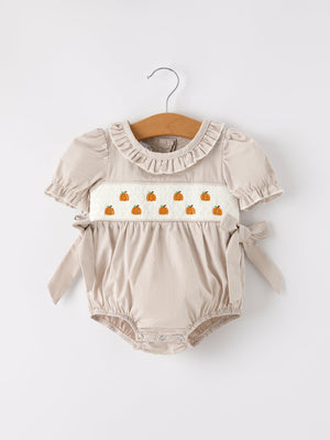 Fall Halloween & Thanksgiving Pumpkin Embroidery Smock Plaid Baby Girl Romper