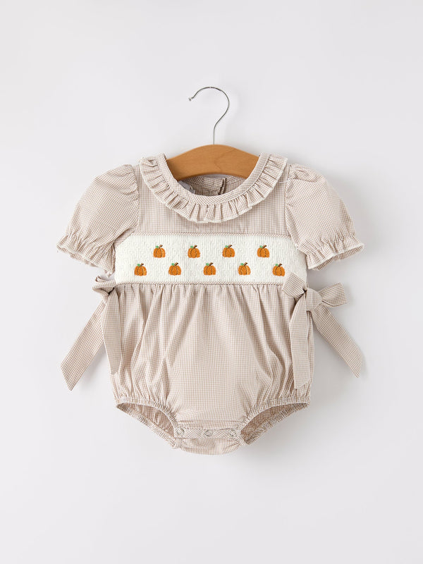 Fall Halloween & Thanksgiving Pumpkin Embroidery Smock Plaid Baby Girl Romper