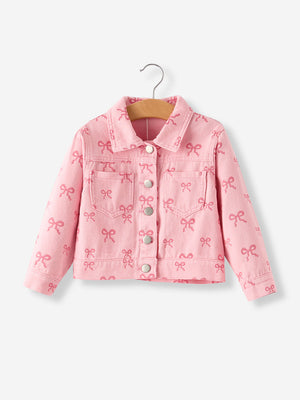 Pink fall girls' butterfly print denim top, angle view 6, perfect for stylish little ones.