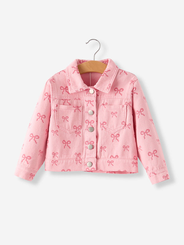 Pink fall girls' butterfly print denim top, angle view 6, perfect for stylish little ones.