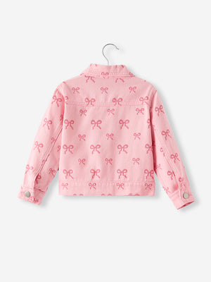Pink fall girls' butterfly print denim top, angle view 7, perfect for stylish little ones.