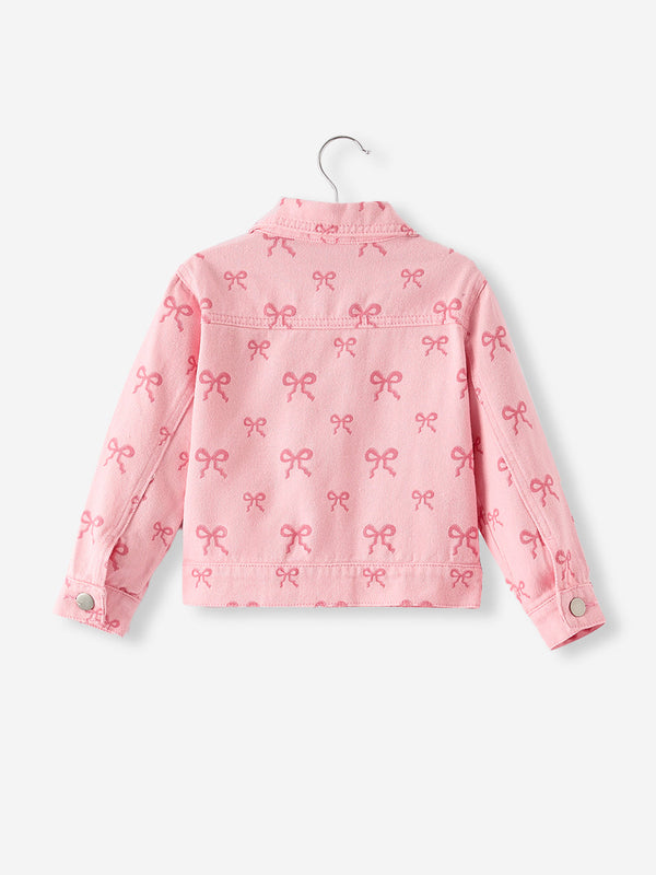 Pink fall girls' butterfly print denim top, angle view 7, perfect for stylish little ones.