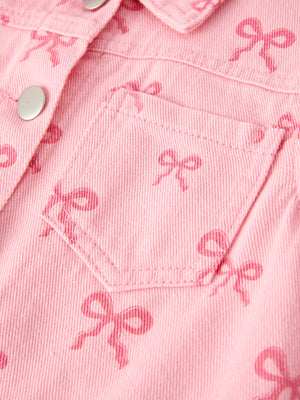 Pink fall girls' butterfly print denim top, angle view showcasing stylish design and vibrant colors.