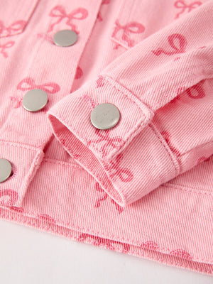 Pink fall girls' butterfly print denim top, angle view, perfect for stylish little ones.