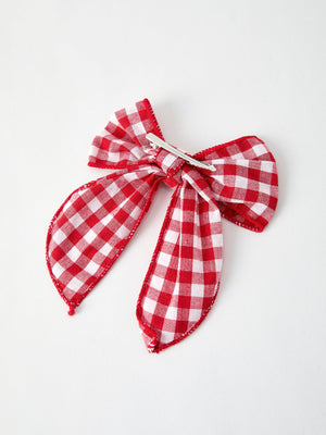 Christmas Red and White Plaid Bow 5 Inch Hairpin