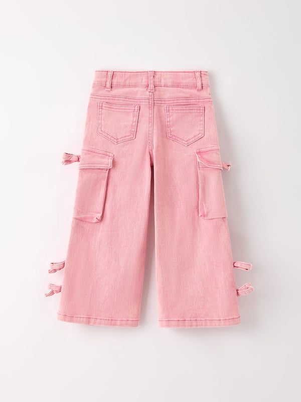 Pink Wide-Leg Denim Pants With Pockets