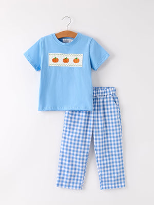 Fall Thanksgiving& Halloween Blue Pumpkin Smock Embroidery Baby Boy'Set