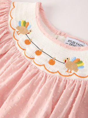 Fall Thanksgiving& Halloween Chicken Pumpkin Smock Embroidery Baby Girl Dress