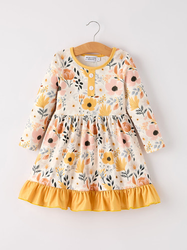 Winter Floral Long Sleeve Ruffled Girls Dress