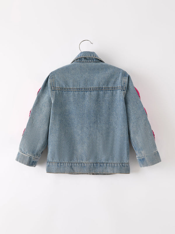 Girls autumn denim sequined jacket top, stylish and cozy for fall, shown from angle 2.