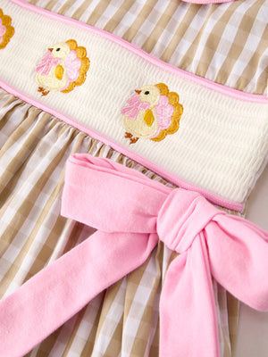 Fall Thanksgiving Lapel Plaid Chick Embroidery Smocking Bow Baby Girls Dress