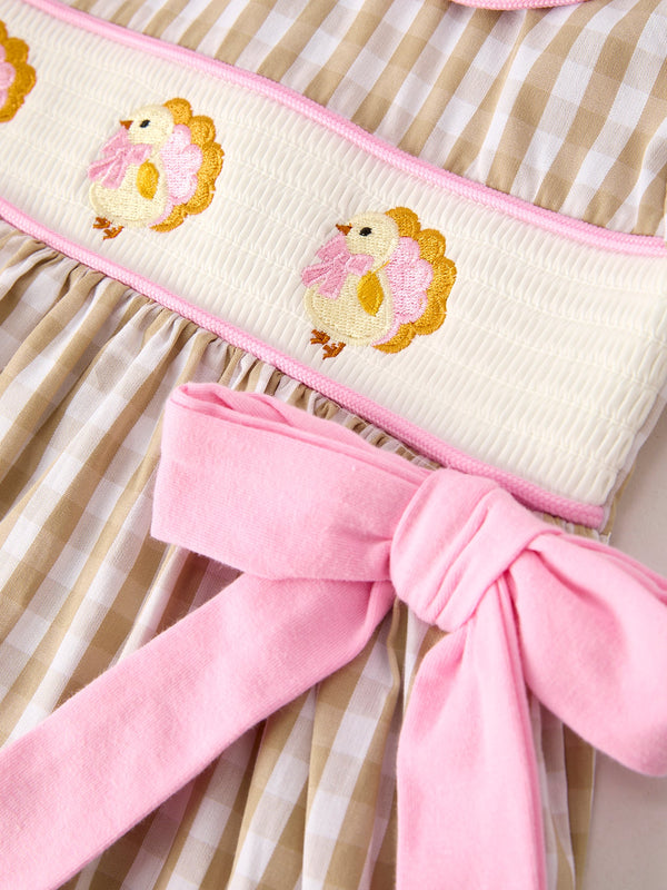 Fall Thanksgiving Lapel Plaid Chick Embroidery Smocking Bow Baby Girls Dress