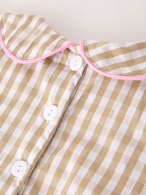 Fall Thanksgiving Lapel Plaid Chick Embroidery Smocking Bow Baby Girls Dress