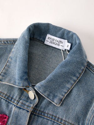 Girls autumn denim sequined jacket top, stylish and cozy for little ones, shown from angle 3.