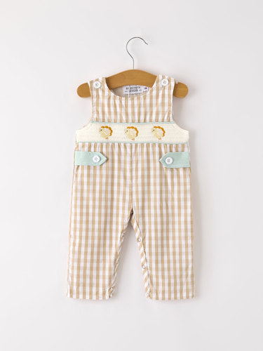 Fall Thanksgiving Apricot Plaid Chick Embroidery Smocking Baby Boys Romper