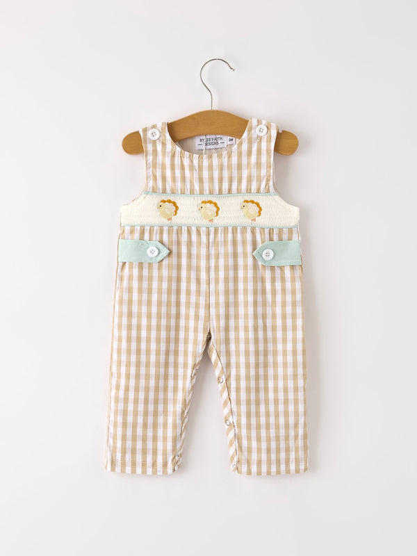 Fall Thanksgiving Apricot Plaid Chick Embroidery Smocking Baby Boys Romper