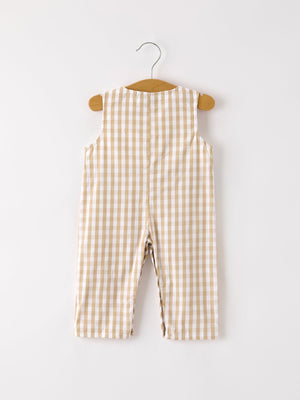 Fall Thanksgiving Apricot Plaid Chick Embroidery Smocking Baby Boys Romper