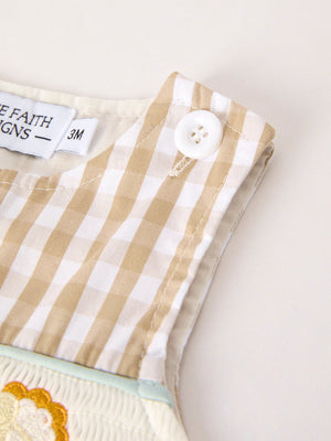 Fall Thanksgiving Apricot Plaid Chick Embroidery Smocking Baby Boys Romper