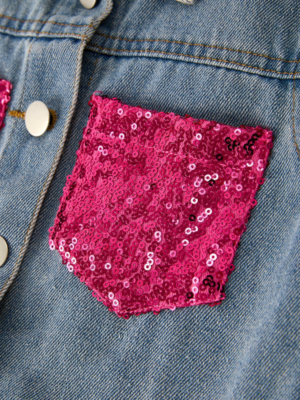 Girls autumn denim sequined jacket top, stylish and cozy for little ones, shown from angle 4.
