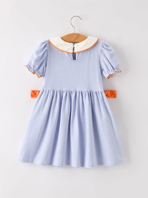 Fall Thanksgiving and Halloween Lapel Stripe Pumpkin Applique Bow Girls Dress