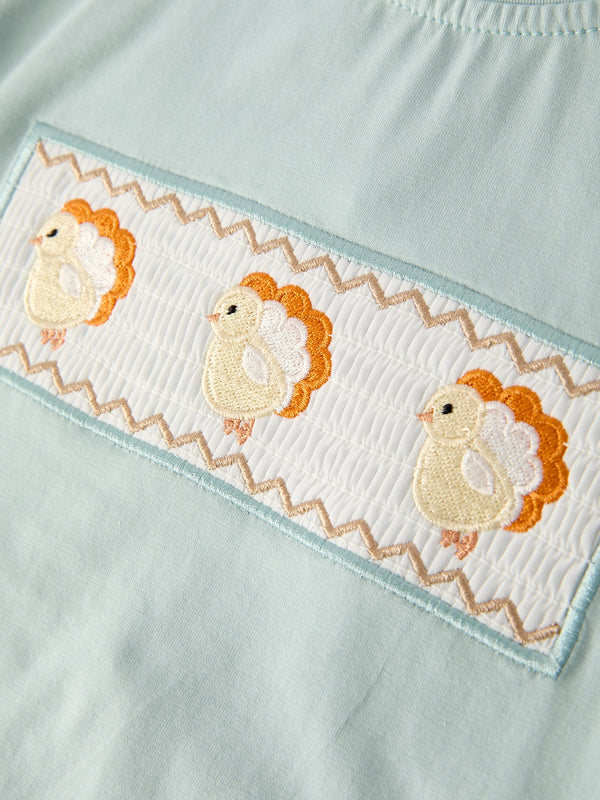 Fall Thanksgiving Plaid Chick Embroidery Smocking Boys Set