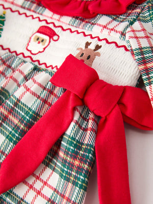 Christmas Plaid Smocking Embroidered Girls Bloomers Romper Set