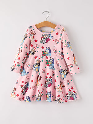 Winter Christmas Character Print  Pink Girls Dress