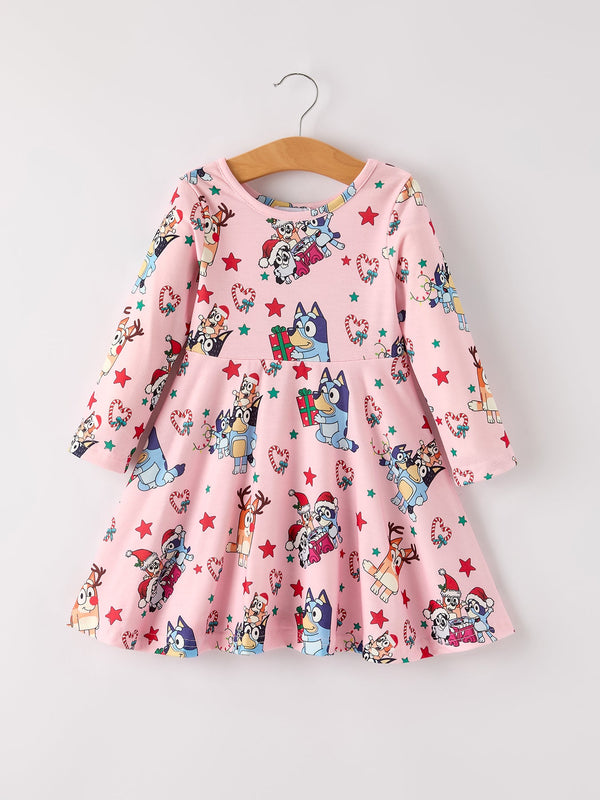 Winter Christmas Character Print  Pink Girls Dress